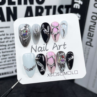 Sweet Cool ins Style Hand-Painted Nail Metal Hand-Painted Irregular Shape European and American Almond Nail Wearable Nail Sticker