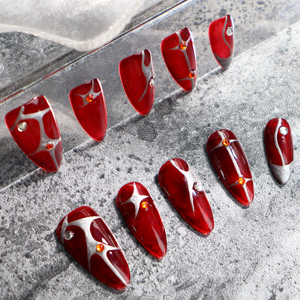 European and American Style Y2K Almond-Shaped Blood Red Wearing Armor Halloween Hand Painted Flame Nail Stickers Plastic Wholesale