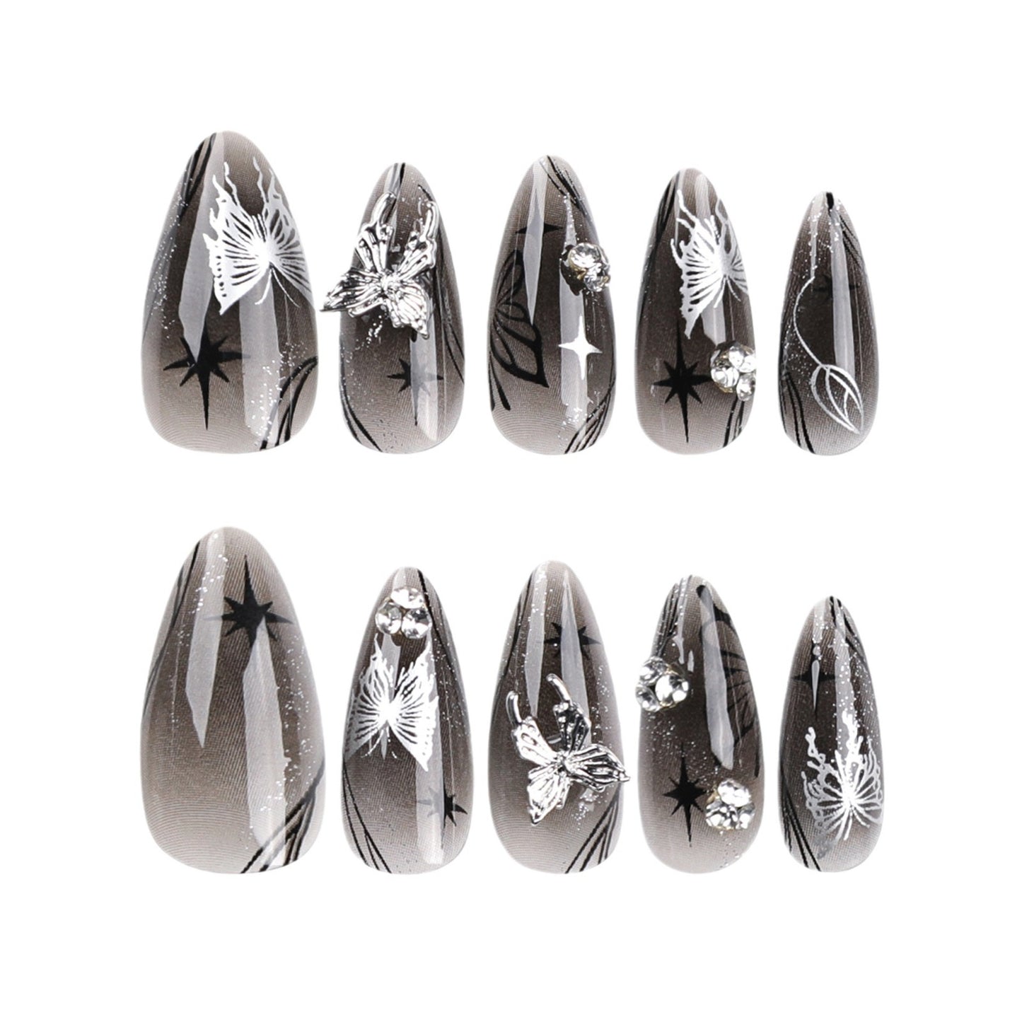 Ice Reflected with Silver Bow Wear Nail Black Cool Spicy Asterism Rhinestone Nail Beauty Long Almond Nail Fake Nails Nail Tip