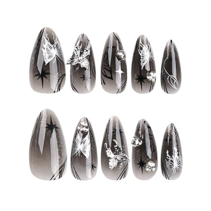 Ice Reflected with Silver Bow Wear Nail Black Cool Spicy Asterism Rhinestone Nail Beauty Long Almond Nail Fake Nails Nail Tip