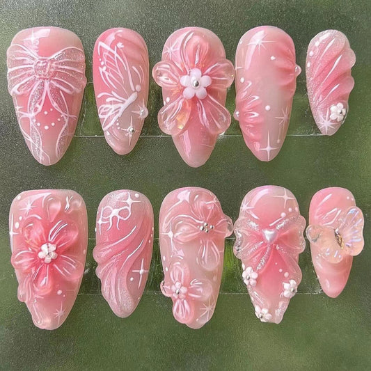 Sweet Pink Bow Flower Wear Nail Piece3D Love Nail Art Almond Type Fake Nails Nail Patch