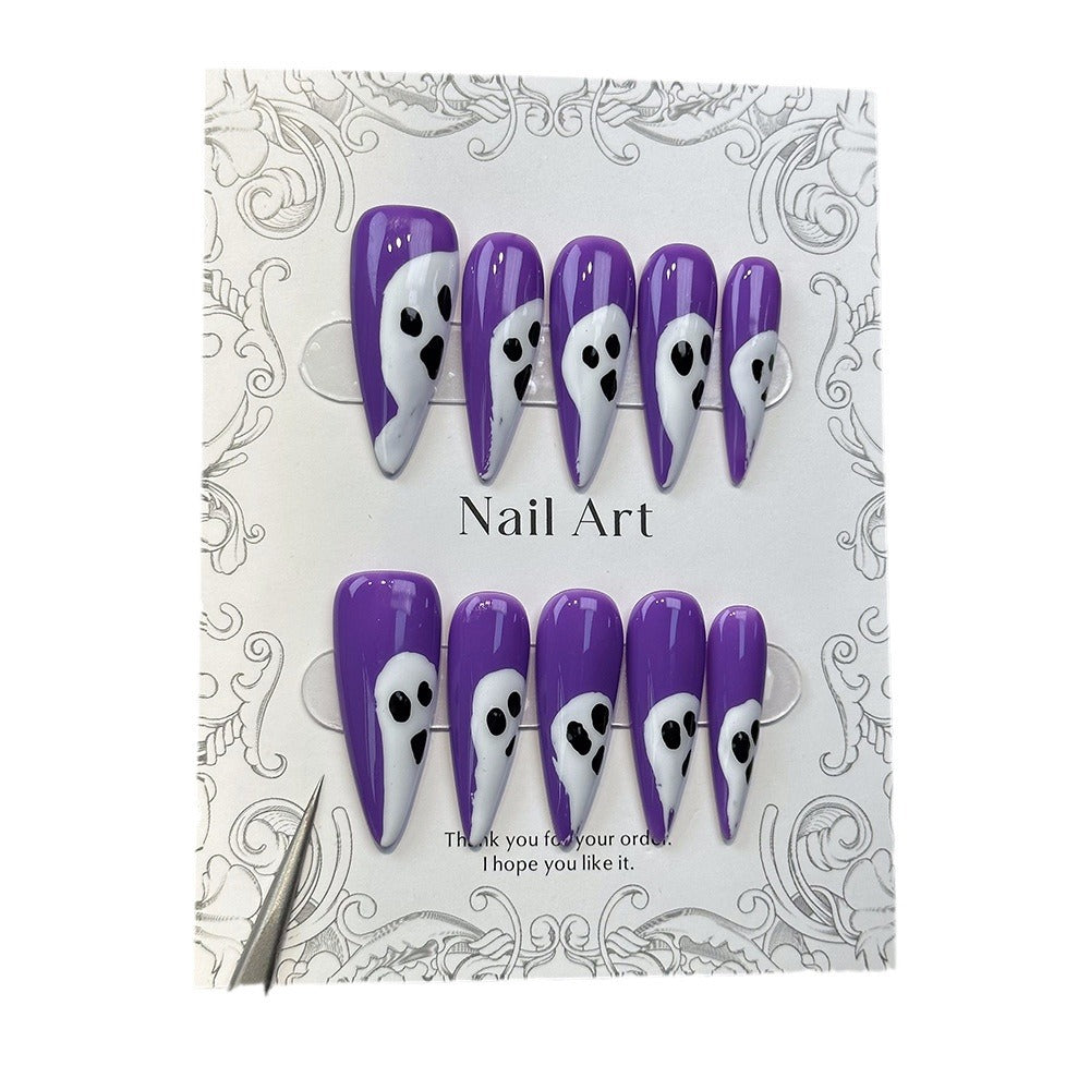 Europe and America Cross Border New Handmade Wear Nail Cute Halloween Funny Grimace Ghost Manicure Fake Nail Patch