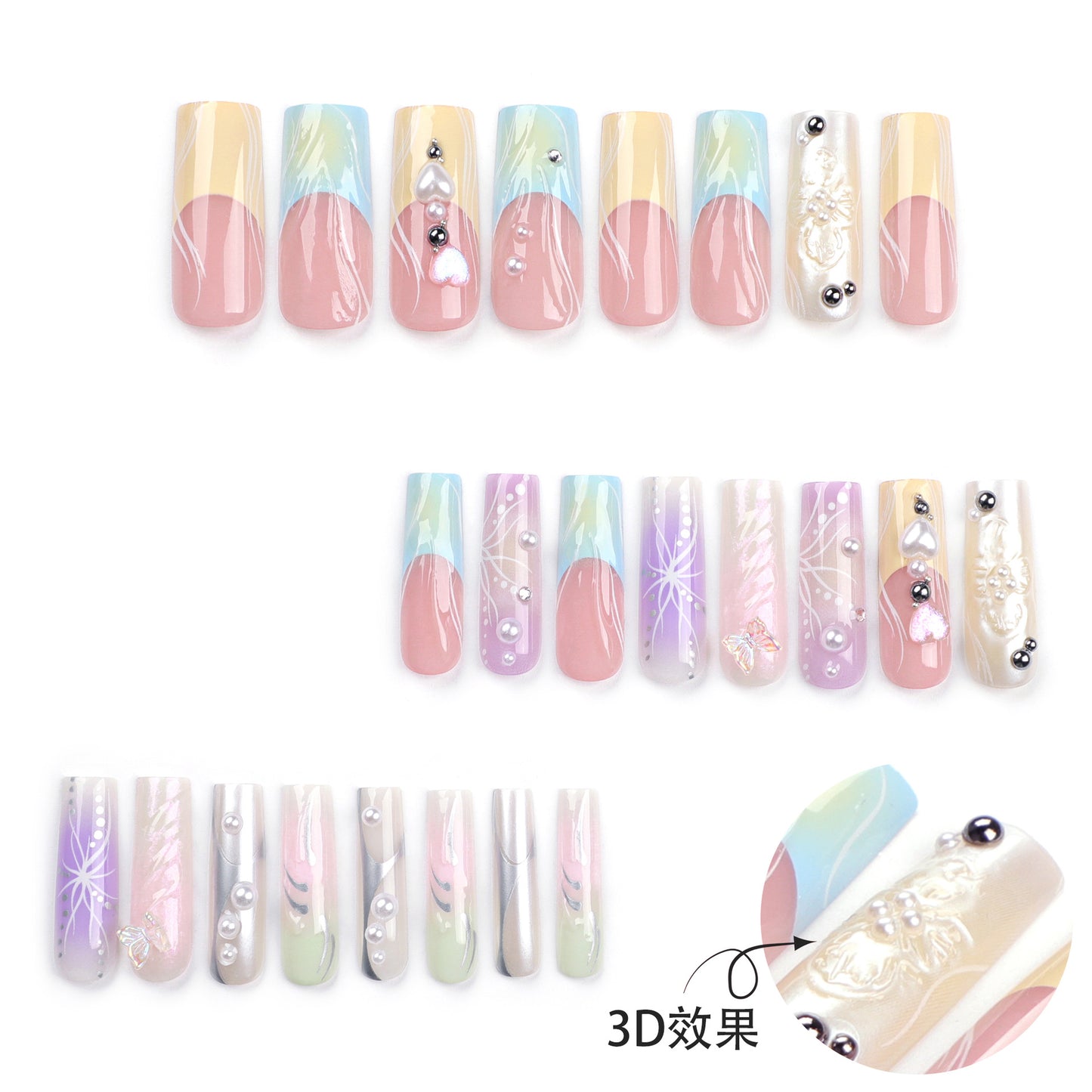 French3D Colorful Wear Nail Polish Wholesale Blooming y2k Butterfly Square Manicure Cross-Border Hot Nail Patch