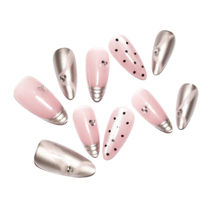 Internet Celebrity French Style3D Silver Magic Mirror Effect Powder Wear Nail Pink Sweet Cat Eye Nail Art Spot Drill Ribbon Fake Nails Nail Tip