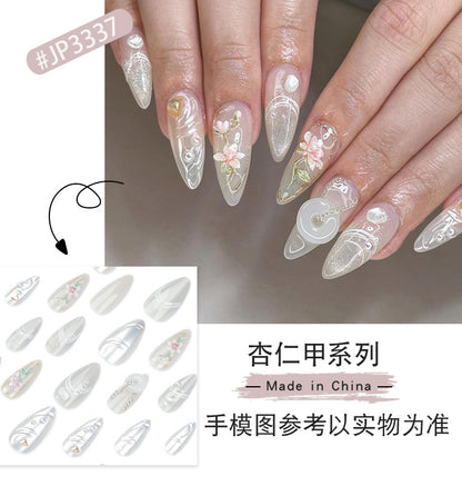 Summer fresh ins Wear Armor3D Magic Mirror Effect Powder Nail Art Short Almond Flower Fake Nails Repeatable Nail Tip