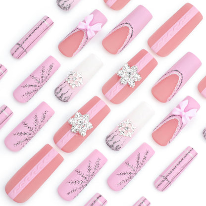 Super Long Water Pipe Nail Fake Nails Pink Sweet Tridimensional Bow Christmas Wear Nail French Snowflake Nail Tip