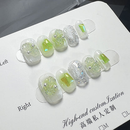 Temperature Change Camellia Aurora Light Diamond Finished Nail Beauty Patch Handmade Wear Nail Short Reuse Fake Nails