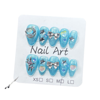 Handmade Wear Armor Flash Ocean Blue Sweet Cute Cat Eye Short Finished Nail Beauty Patch Wearable Nail Sticker