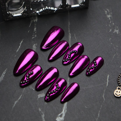 Medusa European and American Metal Purple Hand-Worn Nail Almond-Shaped Exclusive for Cross-Border Nail Art Fake Nail Tip in Stock Hot Sale