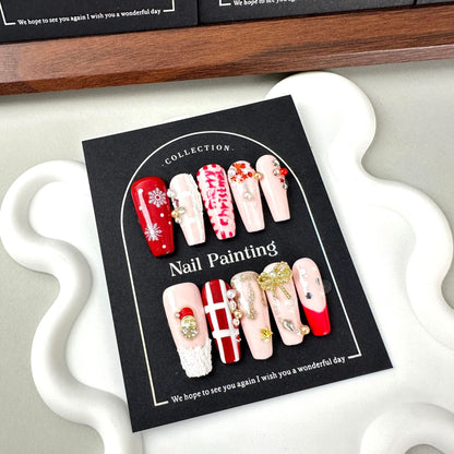 Christmas Style Hand-Painted Wear Nail Tip Mid-Length T Type Cross-Border European and American Handmade Nail Stickers Wholesale High Sense