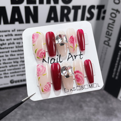 Autumn and Winter New Hand-Painted Rose Hand-Worn Armor Simple Pile Rhinestone Advanced Nail Stickers Wearable Nail Sticker