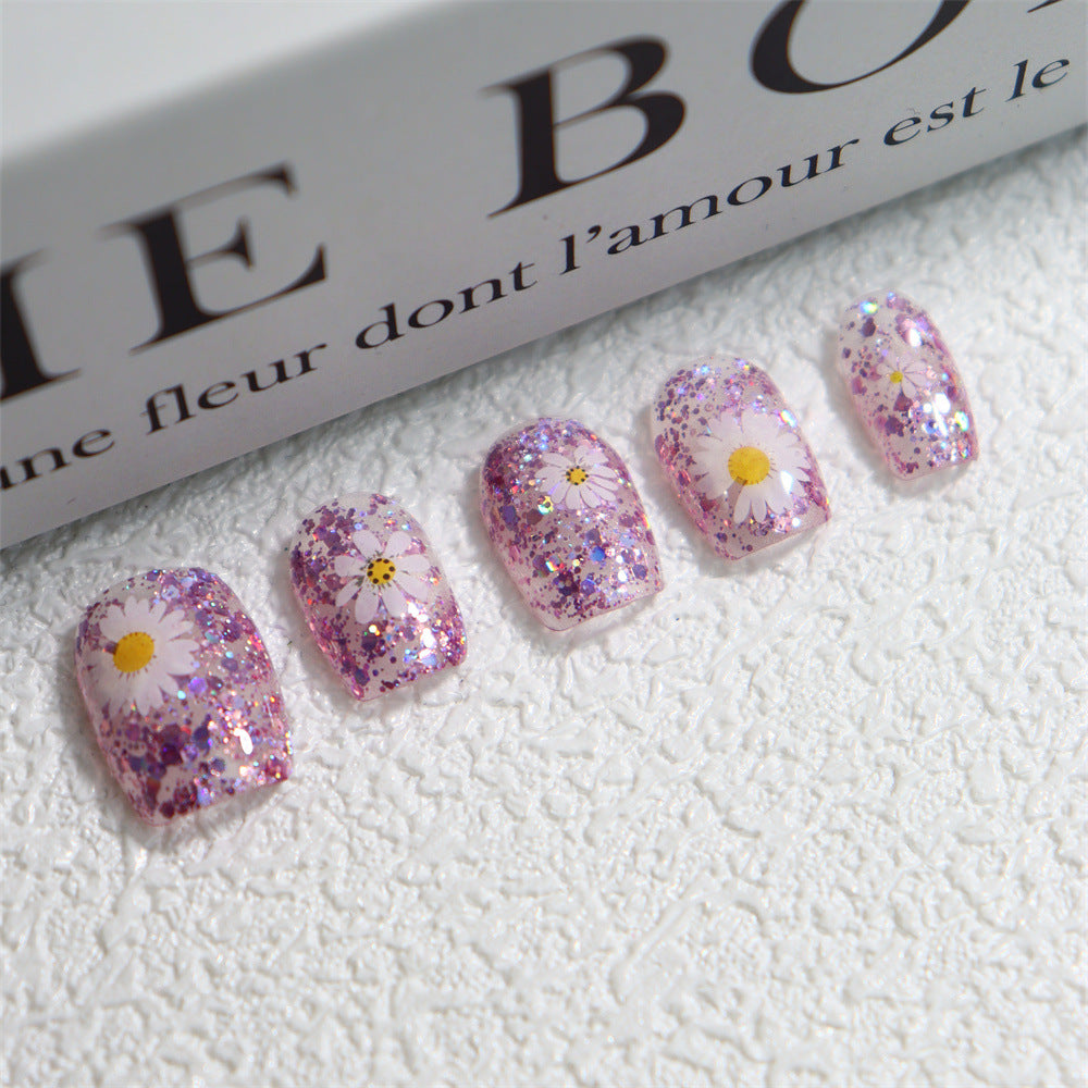 Summer Limited Fresh Little Daisy Phototherapy Hand-Worn Nail Flash Purple Wearable Nail Art Fake Nail Tip10Piece