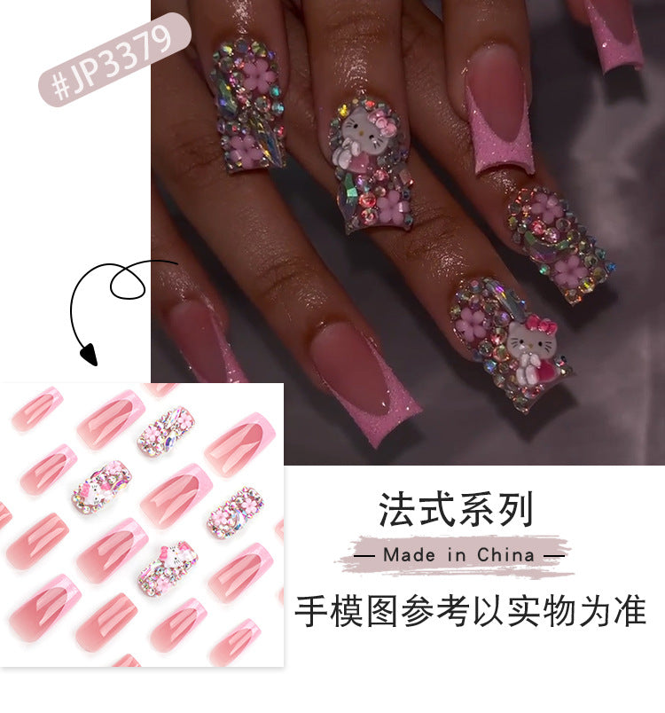 Hello Kitty Cat Wearing Nail Flower Rhinestone Flashing Fake Nails Pink French Nail Tip fake nails