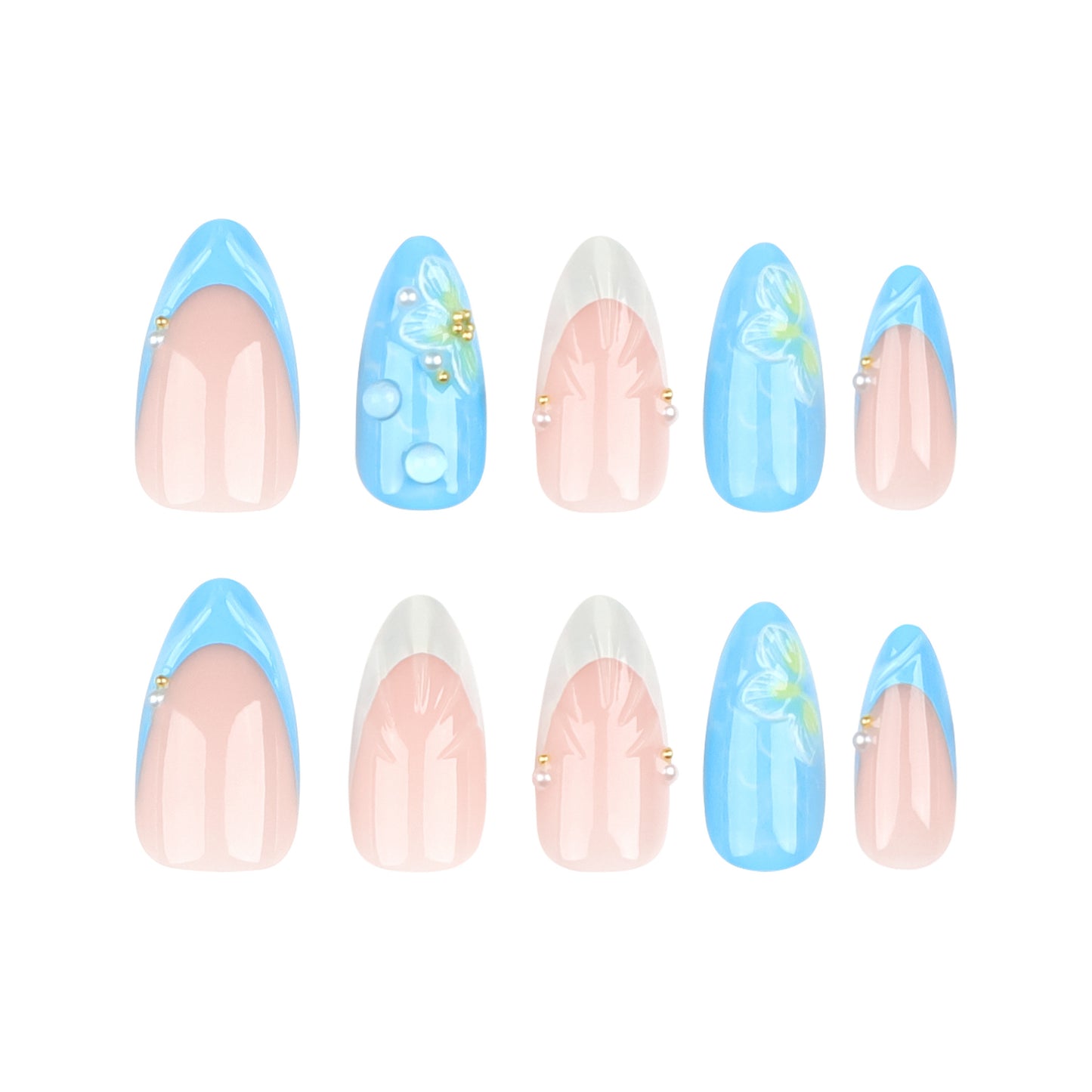 3D Three-Dimensional Shell Water Drop Wear Nail French Blue White Manicure Fake Nails Short Almond Flower Nail Tip