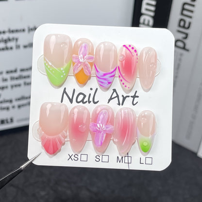 European and American Hot Girl Blush Nail ins Wind Ice Transparent French Embossed Flower Handmade Wear Armor Wearable Fake Nails