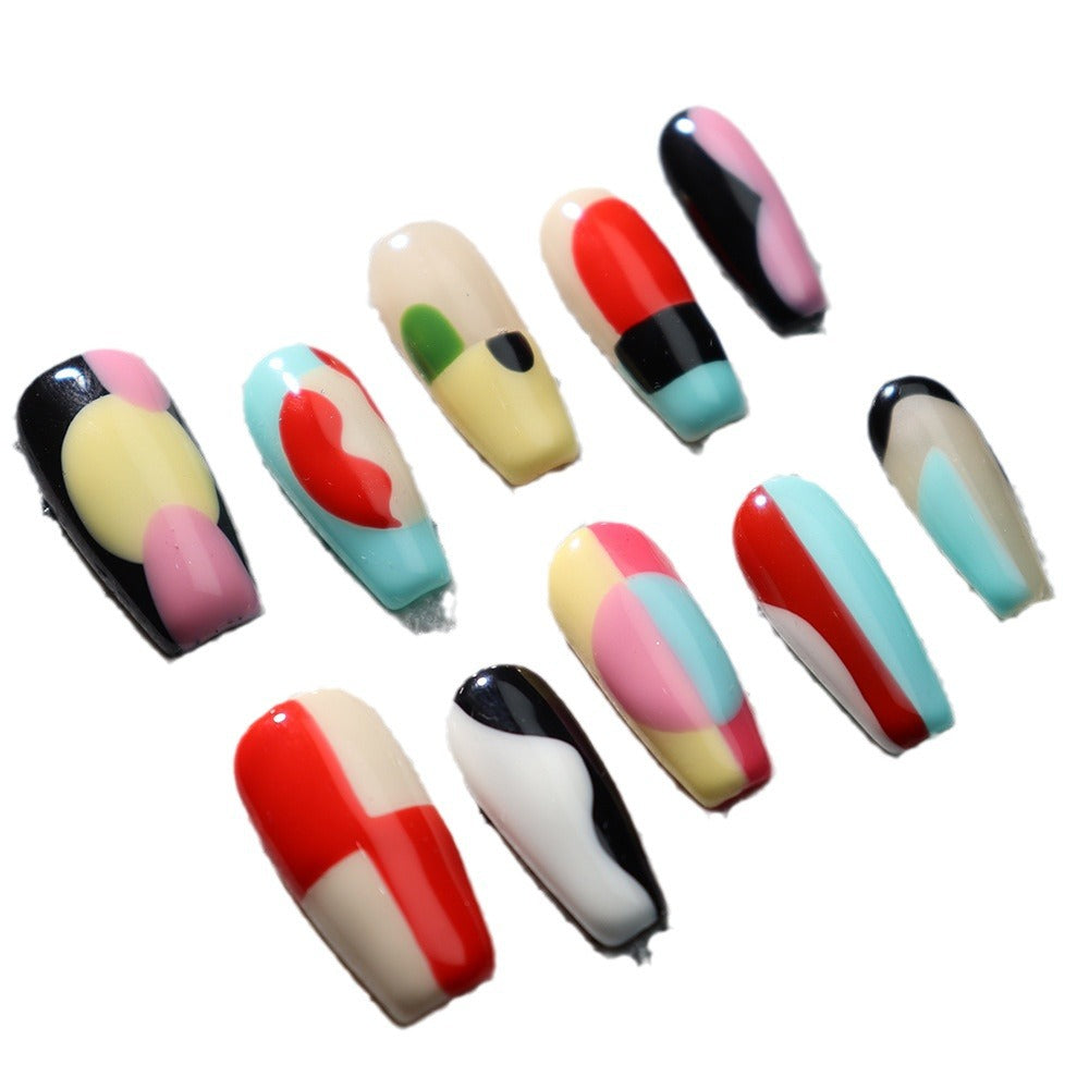 New Nail Beauty Patch European and American Advanced Handmade Hand-Painted Personality Y2K Hot Girl Dopamine Contrast Color Geometric Figure