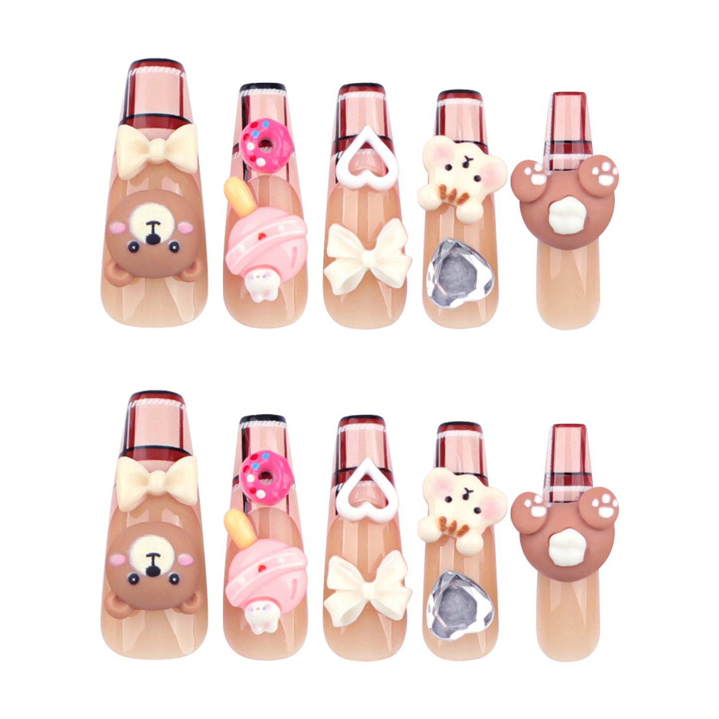 Cartoon Cute Bear Manicure French Plaid Fake Nails Three-Dimensional Bow Brown Wear Wearable Nail Tip Wholesale