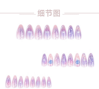 Purple Blooming Dream Wearable Manicure Asterism Pearl Wearing Nail Polish Short Almond Nail Patch