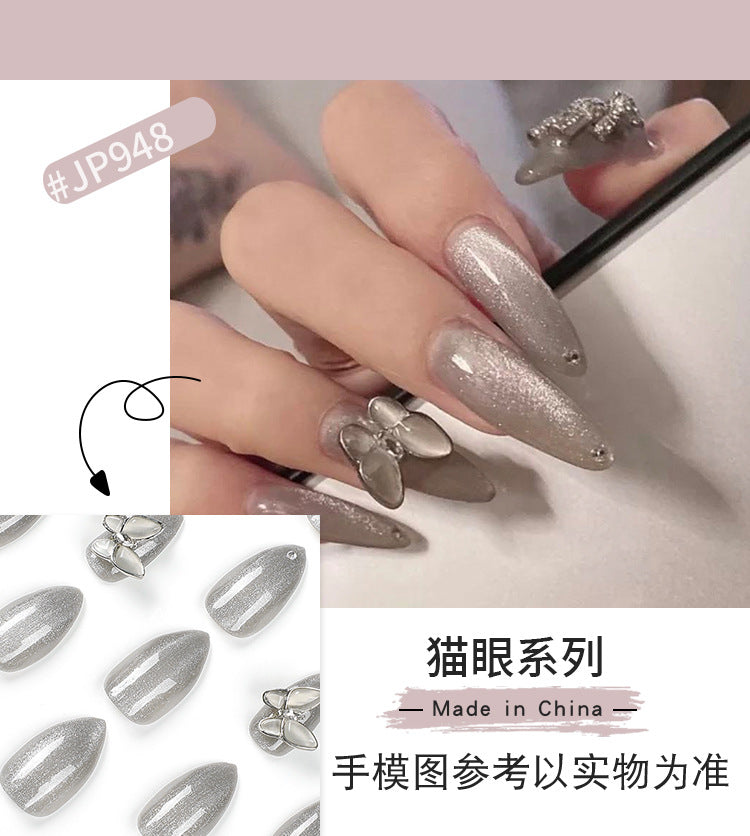 Wear Nail Tip Silver Glitter Metal Bow Nail Sticker Finished Detachable Nail Tip press on nails