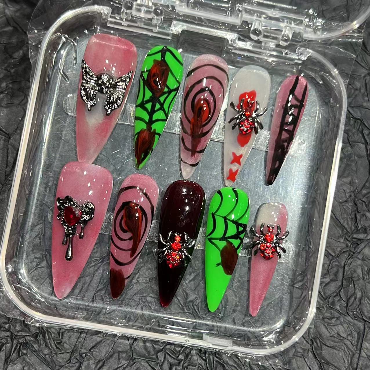 Halloween Pure Hand Drawing Handmade Wear Nail Tip High-Grade Hand-Painted Nail Stickers Contrast Color Series Cross-Border Wholesale