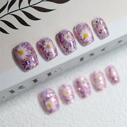 Summer Limited Fresh Little Daisy Phototherapy Hand-Worn Nail Flash Purple Wearable Nail Art Fake Nail Tip10Piece