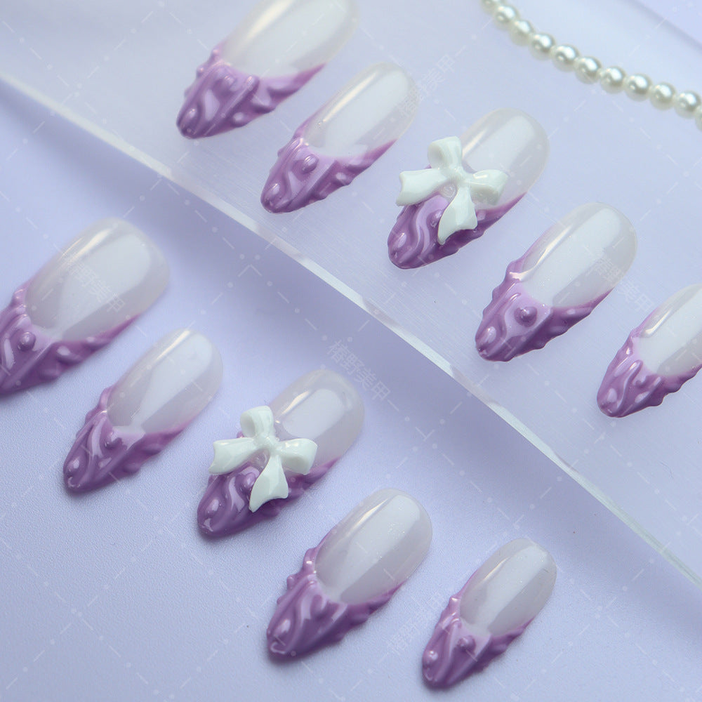 Popular Autumn and Winter Wear Nail White Fresh Purple Sweater Glossy Handmade Almond Nail Patch INS European and American Style