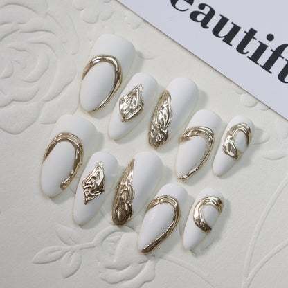 White Queen Metal Gold Plated and Branded Almond Nail Handmade Wear Nail Matte Texture White Nail Stickers European and American Style