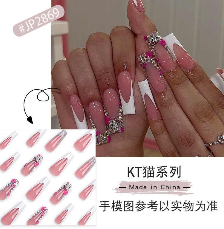 French White Edge Nail Beauty Nail Patch European and American Rhinestone Wear Nail Polish Piece Wholesale Nail Shaped Piece Long Nail Sticker