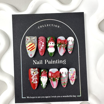 European and American Short Almond Nail Christmas Handmade Painted Beautiful White Temperament Wear Nail Factory Wholesale Mid-Length