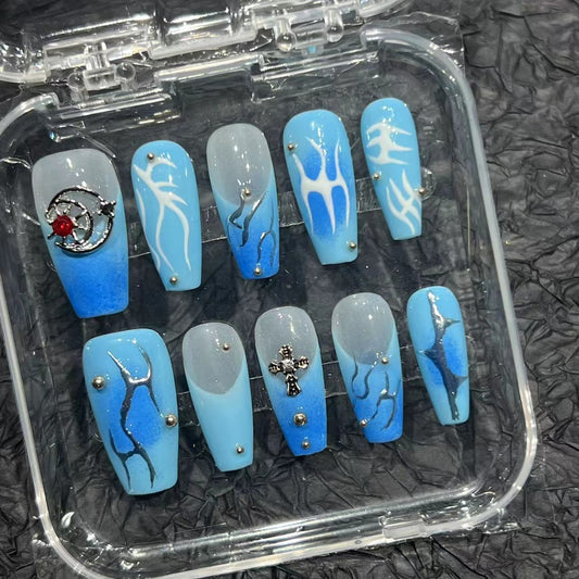 Blue Hand-Painted Flame Style European and American Short and Medium Style Cross-Border Factory Straight Hair Handmade Wear Armor Nail Stickers