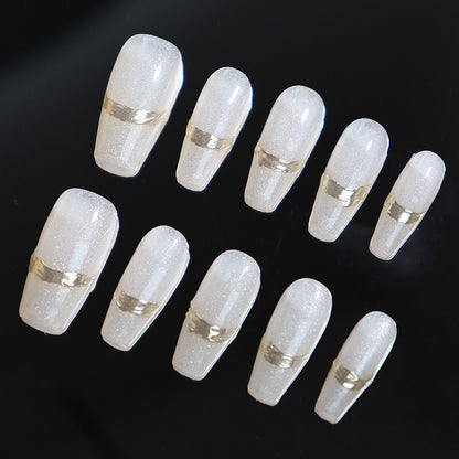 Textured White Simple Golden Trim French Entry Lux Wear Nail Nail Patch Handmade Manicure Factory Direct Sales