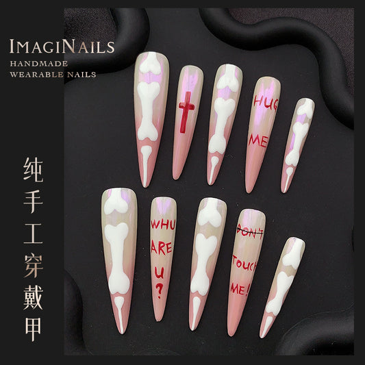 Cute Pink White Cross Text Pattern Handmade Nail Tip Nail Art Nail Shaped Piece