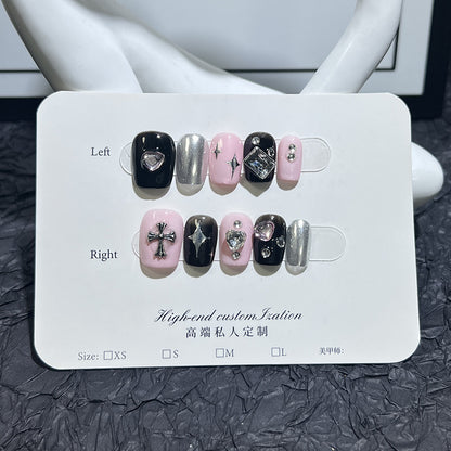 Sweet Cool Black Pink Sweet Heart Heart Love Cube Sugar Light Diamond Short Nail Stickers Handmade Wear Nail Wholesale