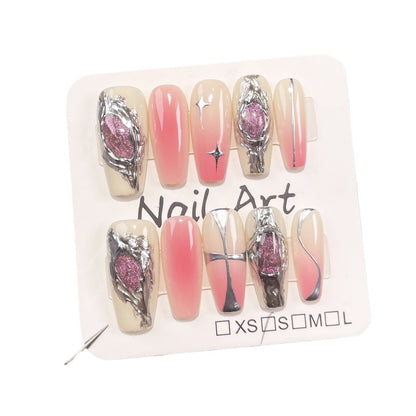 Sweet Cool Metal European and American Style Hand-Worn Nail Spray Gun Blush Irregular Cat Eye Mid-Length Nail Stickers Wholesale