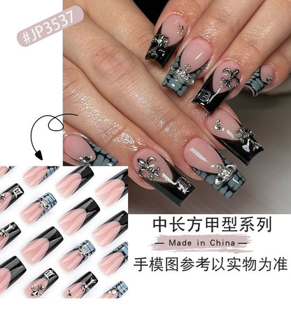 French Style Black Wear Nail Crocodile Pattern Nail Art Fake Nails Crock Heart Cross Nail Tip Square Nail Patch