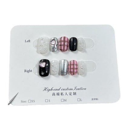 Love Light Diamond Hand-Painted Plaid White High Sense Nail Stickers Handmade Wear Nail Xiaohongshu Same Style Manicure