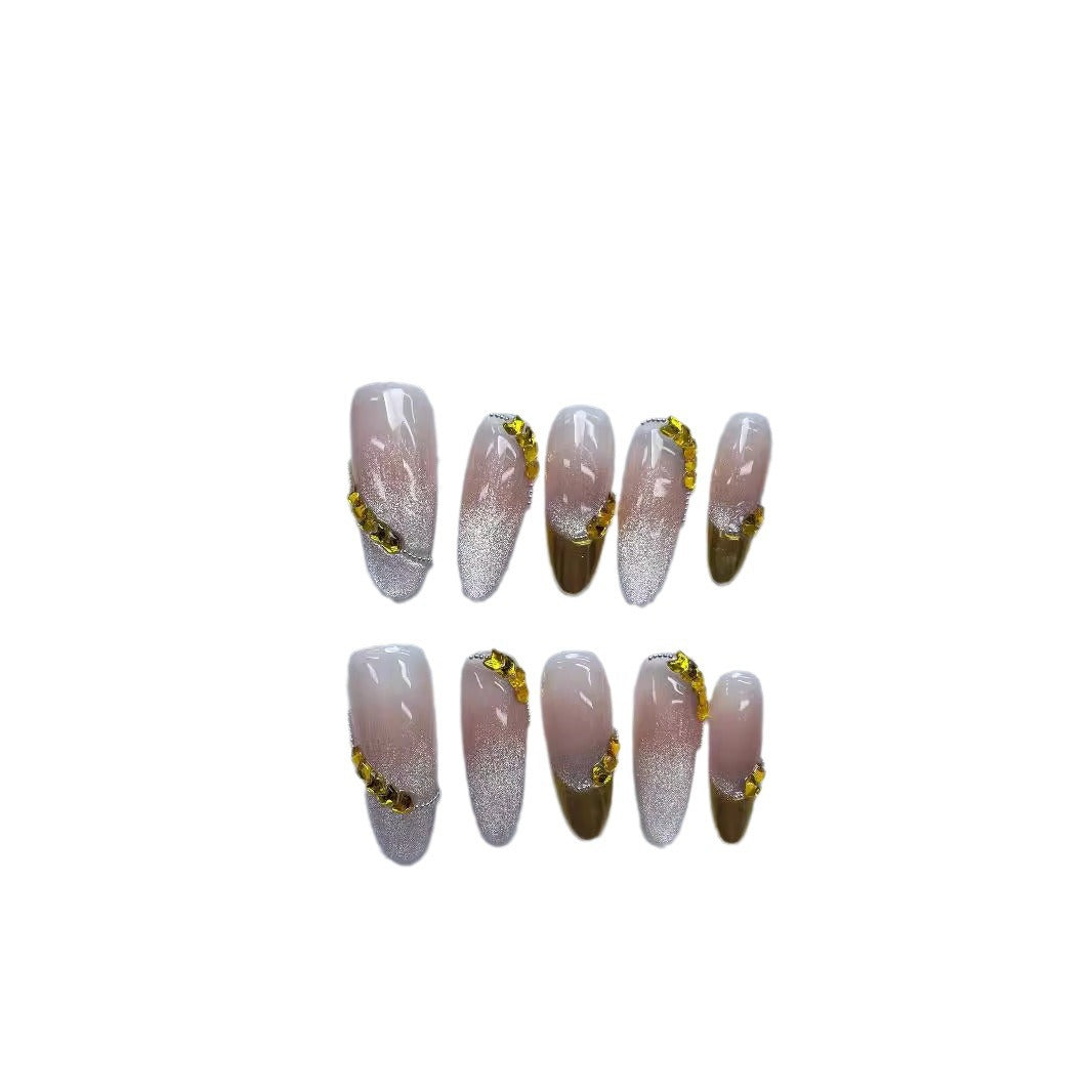 Handmade Wear Nail New Summer Golden Wheat Blush Gradient Cat Eye Temperament White Lady Internet Hot