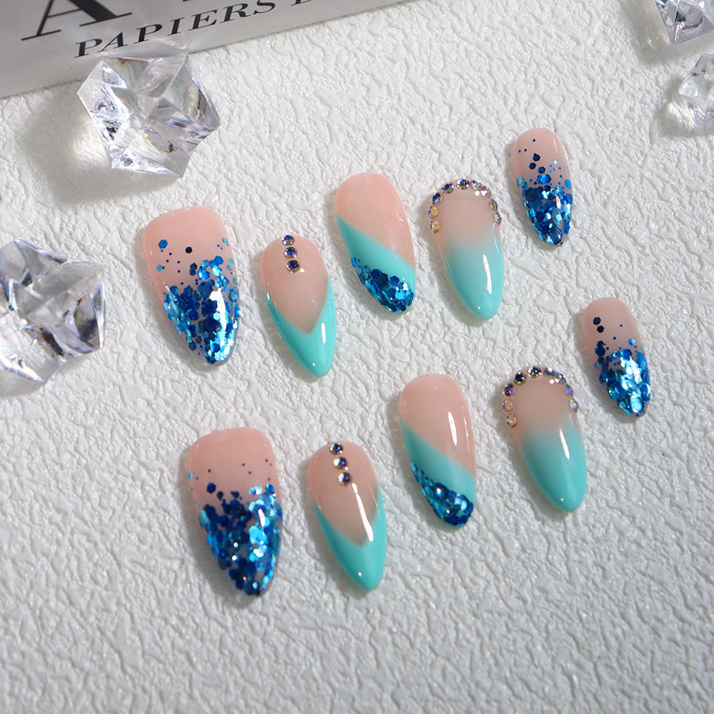 Factory Wear Nail Tip High-Grade Summer Flash Almond Blue Broken Brick Glitter Pink Hot Girl French One Piece Dropshipping