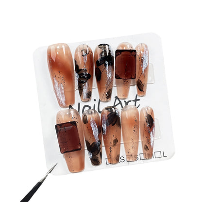 Handmade Wear Armor Autumn and Winter Caramel Brown Long Nail Stickers Maillard Style Wearable Nail Sticker