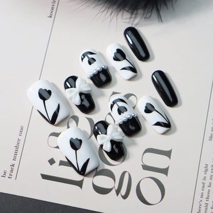 Factory Wear Armor Handmade Advanced Handmade Black and White Flower Pearl Bow Nail Stickers One Piece Dropshipping