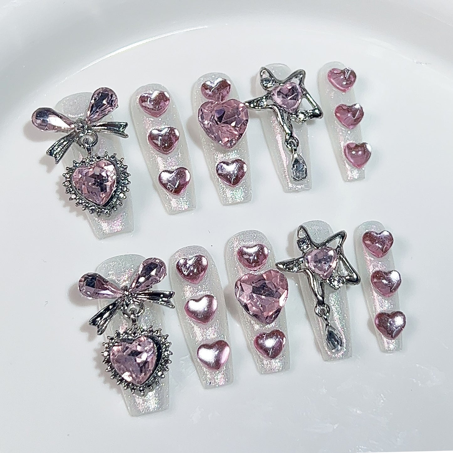 【Dyed Nail】Handmade Wear Nail Heartbeat Signal Cute Sweet Girlish Long Nail Stickers Fake Nails