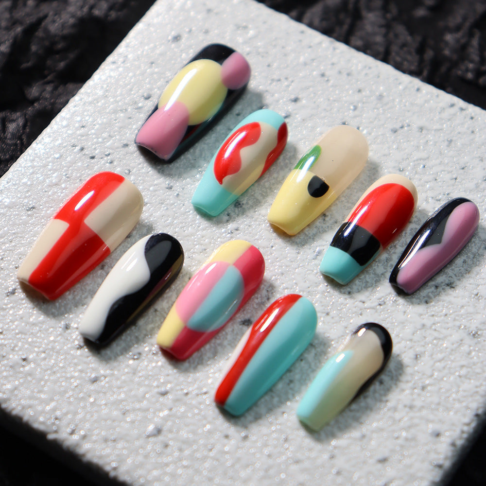 New Nail Beauty Patch European and American Advanced Handmade Hand-Painted Personality Y2K Hot Girl Dopamine Contrast Color Geometric Figure