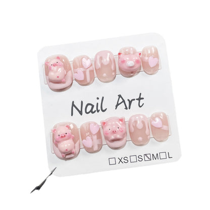 Handmade Wear Nail Sweet Cute Pig Short Manicure Hand-Painted French Wearable Nail Sticker Yiwu Manicure