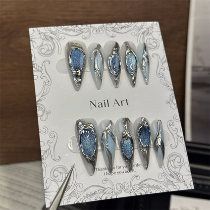 Cross-Border European and American Irregular Three-Dimensional Long Pointed Cat Eye Handmade Wear Nail Nail Nail Water Drop Nail Stickers Fake Nails