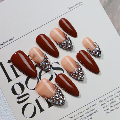 New Style Hand-Made Hand-Made French Almond Jump Color with Diamond Flash Light Luxury Detachable Finished Nail Beauty