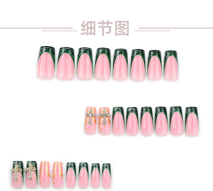 French Green Blooming Manicure Fake Nail Tip Nail Tip Gold Spot Drill Luxury Cross Wear Nail European and American Foreign Trade Nail Tip