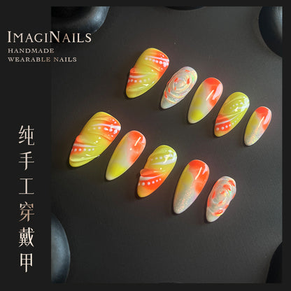 Hot Selling in Europe and America3D Three-Dimensional Carved Almond Nail Pure Hand-Worn Nail Piece