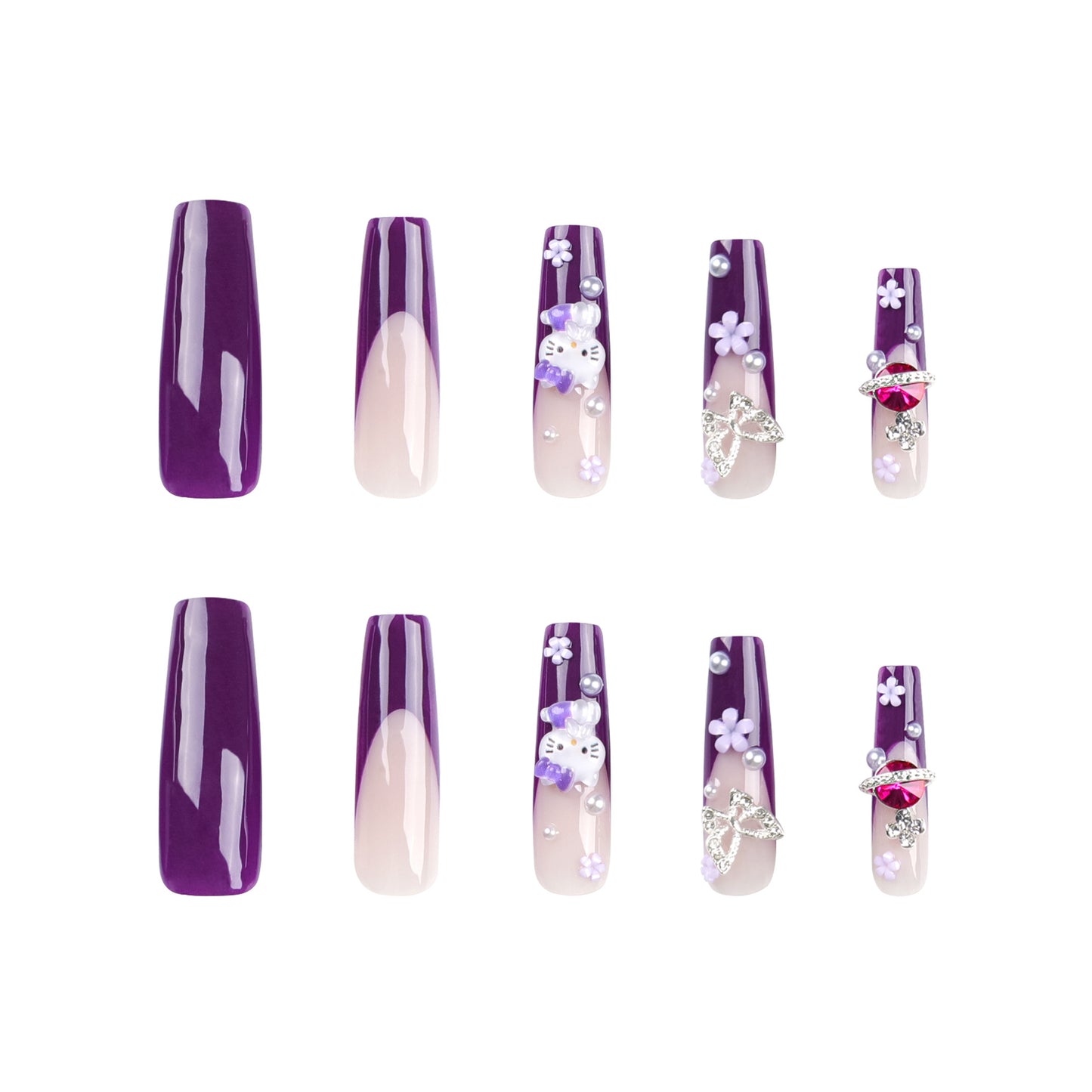 Love Pearl French Wear Armor Purple Hello Kitty Cat Manicure Silver Butterfly Flower Long Nail Tip