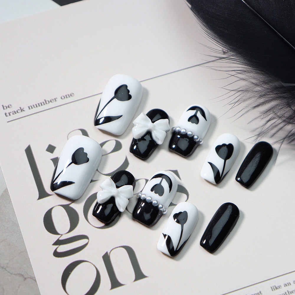 Factory Wear Armor Handmade Advanced Handmade Black and White Flower Pearl Bow Nail Stickers One Piece Dropshipping