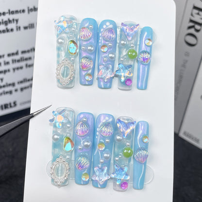 European and American Water Pipe Aurora Nail Blue Fantasy Ocean Cute Fresh Long Handmade Wear Nail Finished Product Fake Nails